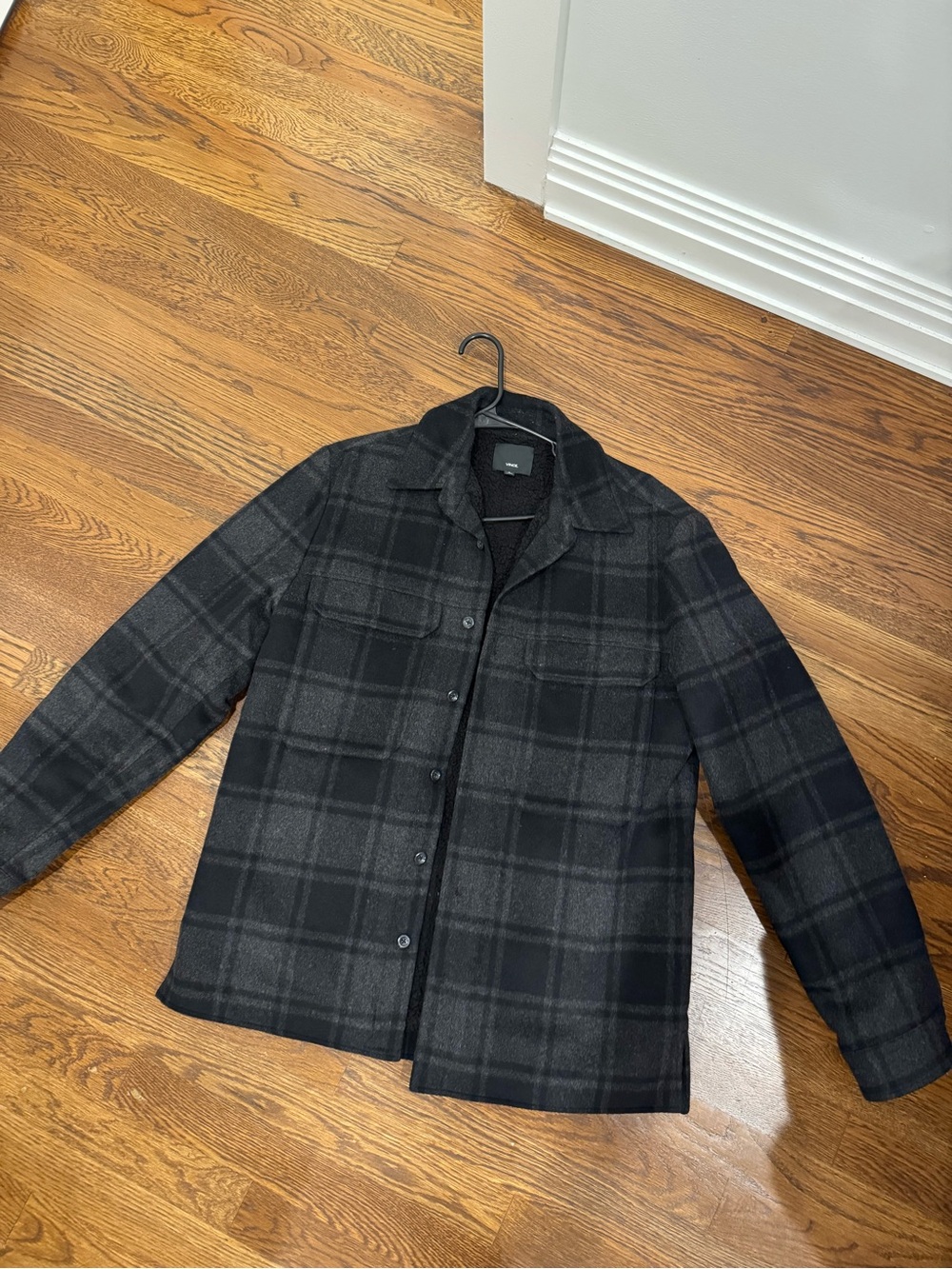 Vince Black & Charcoal Plaid Wool Blend Pea Coat